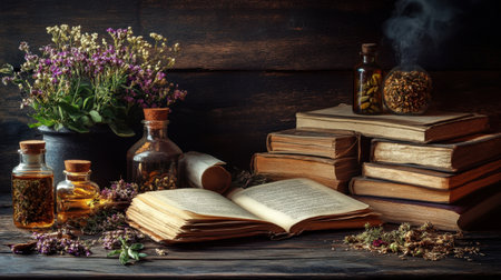 A serene setting: ancient manuscripts and herbal remedies arranged on a rustic wooden table, illuminated by warm, inviting lightの素材