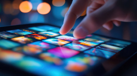 Close-up of a hand swiping on a tablet screen displaying vibrant digital images, showcasing technology and explorationの素材