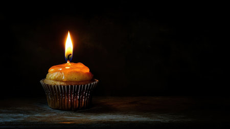 This image showcases a delicious cupcake topped with vibrant orange frosting and a flickering candle, creating a warm and inviting atmosphere in a dark setting.の素材