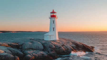 A picturesque lighthouse stands resilient on rocky terrain, illuminating the surrounding sea during a stunning sunset. The vibrant colors reflect tranquility.の素材