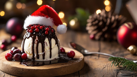A delicious scoop of ice cream topped with chocolate sauce, fresh berries, and a Santa hat, perfect for bringing festive cheer to holiday gatherings.の素材