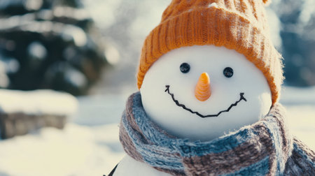 A cheerful snowman adorned with an orange hat and a cozy scarf stands in a snowy landscape, radiating joy and festive spirit during wintertime.の素材