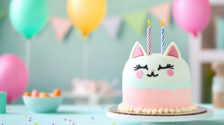 A delightful pastel cat-themed birthday cake featuring two candles, set against a vibrant party backdrop with balloons, perfect for a joyful celebration.の素材