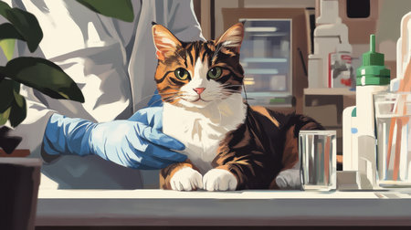 A gentle veterinarian examines a tabby cat in a modern clinic, showcasing a warm and caring environment focused on animal health and wellbeing.の素材