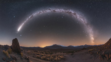 Breathtaking panoramic view of the night sky showcasing the Milky Way and a comet over a serene desert landscape, highlighting natural beauty and cosmic wonder.の素材