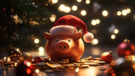A charming piggy bank wearing a Santa hat sits among coins and Christmas decor, embodying the spirit of holiday savings and financial planning for the season.の素材