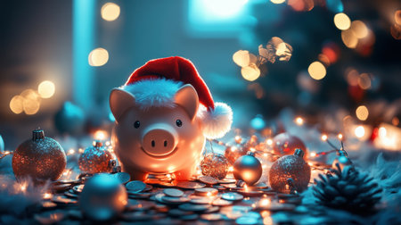 A charming piggy bank wearing a Santa hat surrounded by shiny ornaments and warm lights, creating a cozy holiday atmosphere perfect for savings themes.の素材