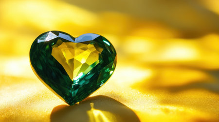 Faceted green heart gemstone against a vivid yellow backdrop, catching light for a mesmerizing and elegant look.の素材