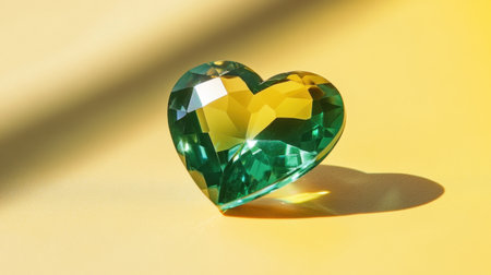 Faceted green heart gemstone against a vivid yellow backdrop, catching light for a mesmerizing and elegant look.の素材