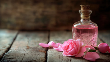 A glass bottle filled with pink liquid rests beside fresh rose petals on a rustic wooden surface, capturing the essence of beauty, relaxation, and aromatherapy.の素材