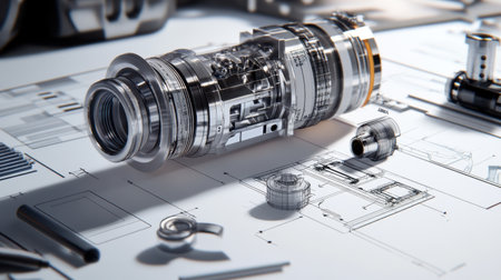 This image showcases a detailed illustration of a camera lens design, highlighting components and engineering processes useful for photography and technology enthusiasts.の素材