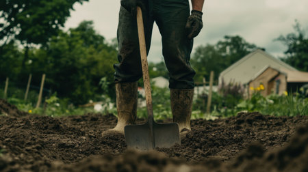 Individual standing in dirt holding a shovel, wearing work boots, perfect for gardening, landscaping, or manual labor themes.の素材