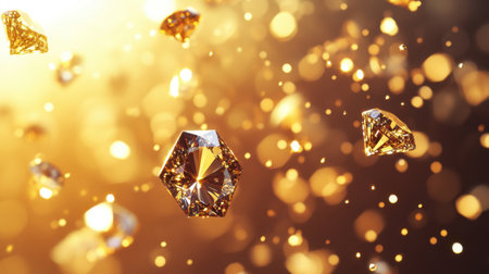 Stunning golden gems sparkle and float in a radiant atmosphere, creating a captivating visual display filled with warmth and elegance. Perfect for luxury themes.の素材