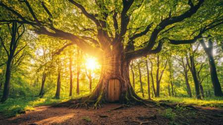 Majestic tree with vibrant green leaves and a wooden door embedded in its trunk, glowing in golden sunlight.の素材