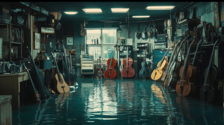 A captivating interior of a music store submerged in water, showcasing various instruments like guitars and cellos reflected in the flooded space.の素材