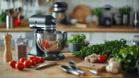 High-quality kitchen mixer and food processor surrounded by cooking tools, showcasing a perfect culinary workstationの素材