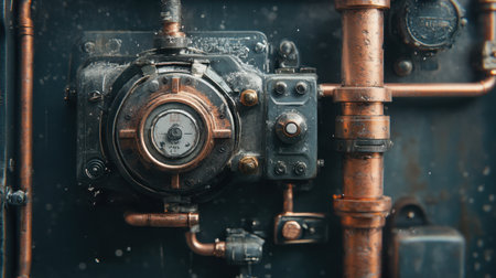 Close-up view of a vintage industrial mechanism featuring copper pipes and a gauge, showcasing intricate details and weathered textures ideal for design projects.の素材
