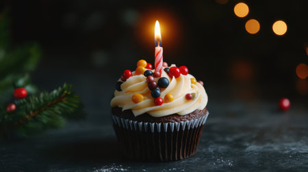 A delightful chocolate cupcake topped with creamy frosting, colorful candies, and a glowing candle, perfect for festive celebrations and special occasions.の素材