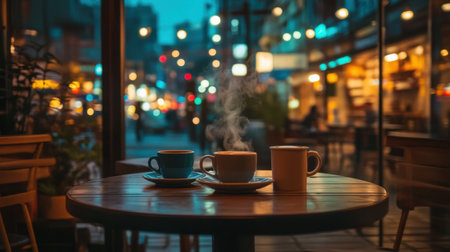 Interior of a cozy coffee shop, steaming coffee cups on the table inviting relaxation amidst a vibrant city street outsideの素材