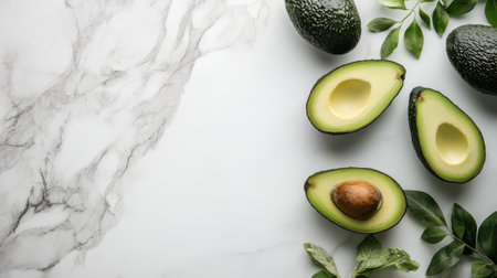 This image showcases fresh avocados cut in half, revealing their creamy texture, set on a stylish marble surface, accented with green leaves, ideal for healthy food promotions.の素材