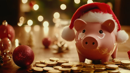 A charming pink piggy bank wearing a Santa hat surrounded by golden coins and festive ornaments. Perfect for themes of savings and holiday cheer.の素材