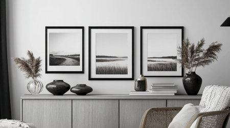 Mock-up frames in a bright modern living room with a vase, books, and a lamp on a minimalist cabinet, embracing Scandinavian simplicity.の素材
