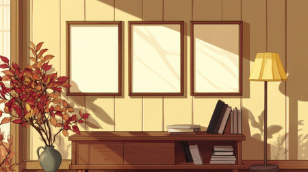 Interior scene with three empty poster frames on a wall, a sleek wooden cabinet below with a vase, books, and a lamp in Scandinavian style.の素材
