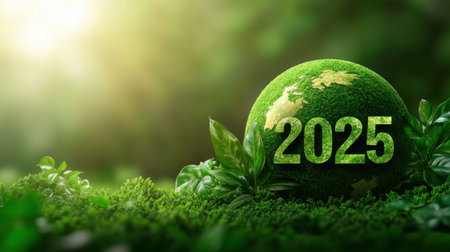 This vibrant image showcases a green planet Earth with the year 2025, symbolizing hope and sustainability amidst lush greenery and sunlight.の素材