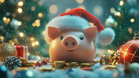 A whimsical piggy bank wearing a Santa hat sits among festive decorations and coins, capturing the spirit of Christmas savings and joy.の素材