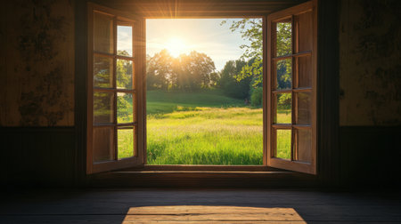 Open window in the middle of a serene field, sunlight streaming through, filling the space with calmness and harmony.の素材