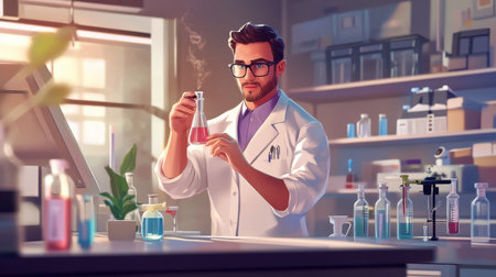 Professional scientist analyzing chemicals in a laboratory, holding a flask and surrounded by various lab tools and glassware.の素材
