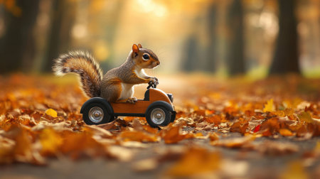 Playful squirrel driving a small car through a woodland road blanketed with vibrant autumn leaves, a delightful seasonal imageの素材
