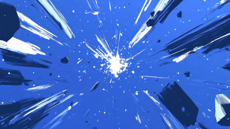 This abstract image features an explosion of bright light set against a deep blue background, showcasing dynamic lines and energetic movement. Ideal for creative projects.の素材