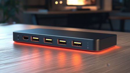 Modern USB-C hub station rendered in 3D, showcasing a streamlined, efficient design with illuminated port indicators.の素材