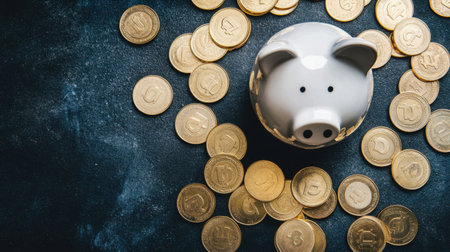 A charming piggy bank sits amidst a pile of shiny gold coins, symbolizing savings and financial planning. The dark background creates a striking contrast, highlighting the importance of good money management and budgeting.の素材