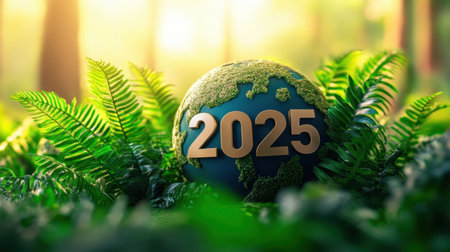 A vibrant representation of the Earth in 2025, surrounded by lush greenery and sunlight, symbolizing hope and sustainability for the future of our planet.の素材