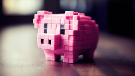 A charming pixelated pink piggy bank model sits on a wooden surface, beautifully lit. This playful figure embodies childhood nostalgia and financial concepts, perfect for creative projects.の素材