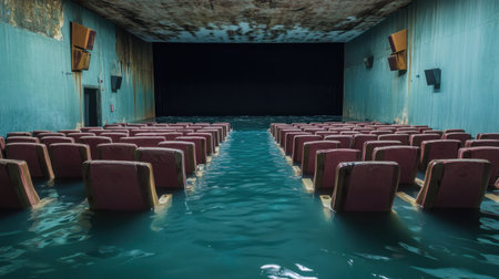 An eerie and haunting view of an abandoned theater filled with water, showcasing decaying seats and a darkened screen, evoking feelings of nostalgia and mystery.の素材