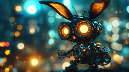 Steampunk-inspired robot rabbit featuring detailed gears and goggles, with a blurred, glowing backgroundの素材
