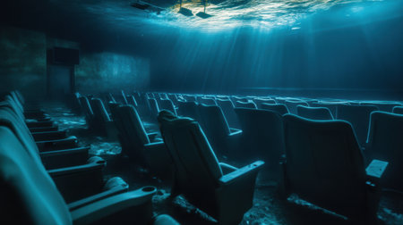 An eerie view of an abandoned cinema theater submerged in water, shafts of sunlight filter through, creating a haunting yet serene atmosphere filled with calmness.の素材