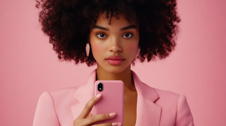 A stylish young woman with curly hair poses confidently with a smartphone against a pink background, showcasing modern beauty and vibrant fashion.の素材