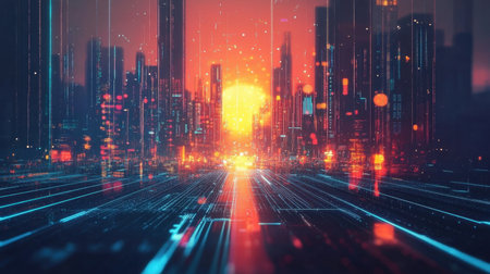 The sun sets over a sleek array of solar panels, with glowing data visuals emphasizing the synergy of renewable energy and technologyの素材