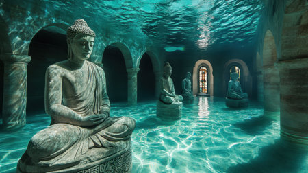 Explore the tranquil beauty of Buddha statues submerged in a serene underwater temple, showcasing stunning reflections and calming water hues for a peaceful atmosphere.の素材