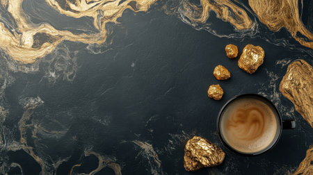 Warm coffee and golden nuggets placed together on a sleek black surface, evoking an atmosphere of elegance and warmthの素材