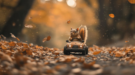 Squirrel in a miniature car cruising along a leafy path, its surroundings bursting with autumnal colors and charmの素材