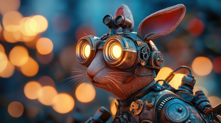 Steampunk-style robotic rabbit with intricate gears and aviator goggles, set against a glowing bokeh background.の素材