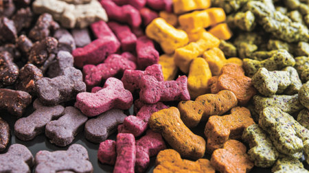 Vibrant, nutritious dog treats displayed in an eye-catching arrangement, highlighting diversity and appeal in pet cuisineの素材
