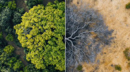 This captivating aerial image showcases the striking contrast between a lush green tree and a stark, barren landscape. Ideal for projects focusing on nature, change, and environmental themes.の素材