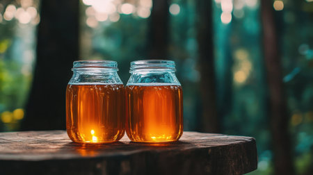 Two glass jars filled with amber honey sit on a rustic wooden table, surrounded by a serene forest backdrop. The sunlight creates a warm glow.の素材
