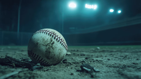 White baseball, scuffed from use, lies under glowing stadium lights on a dirt field during a nighttime game.の素材